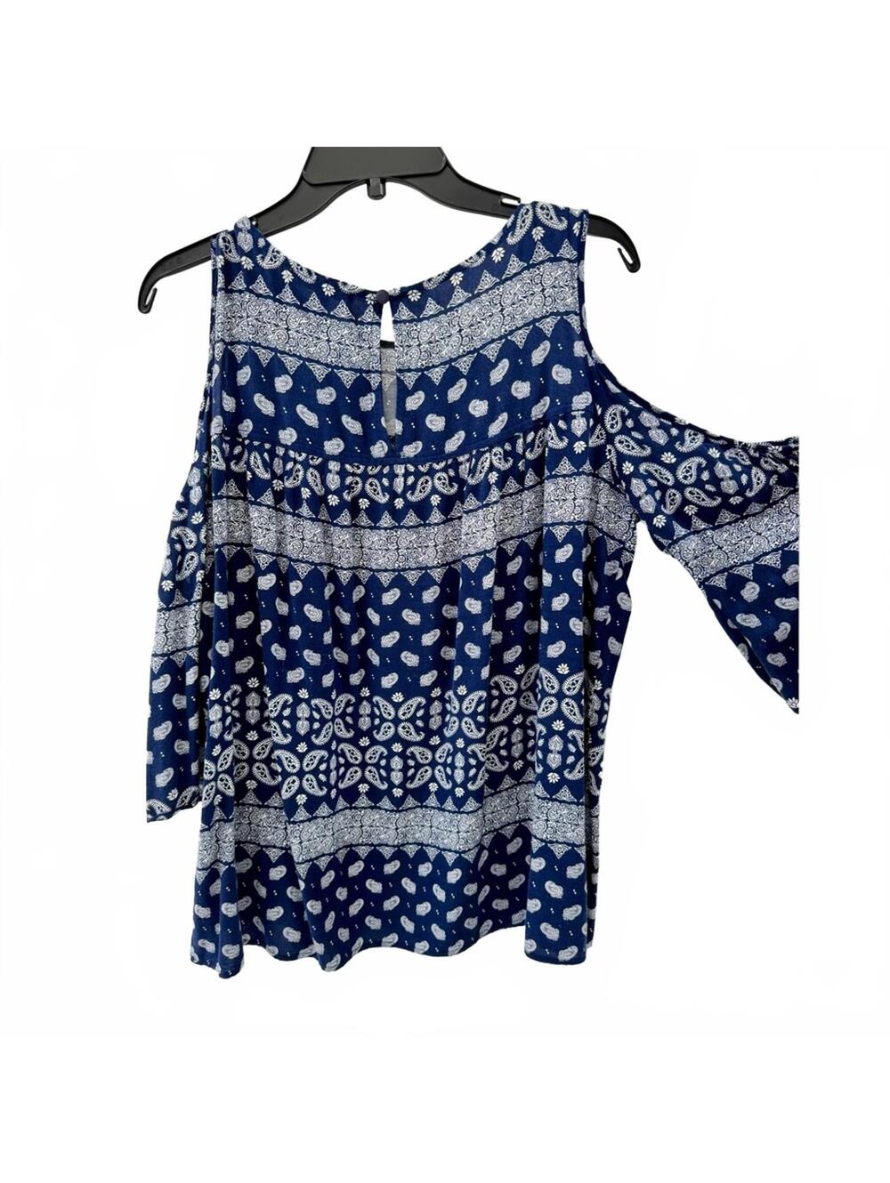 Gibson & Latimer Navy Paisley Cold Shoulder Boho Top Medium - Picture 4 of 7